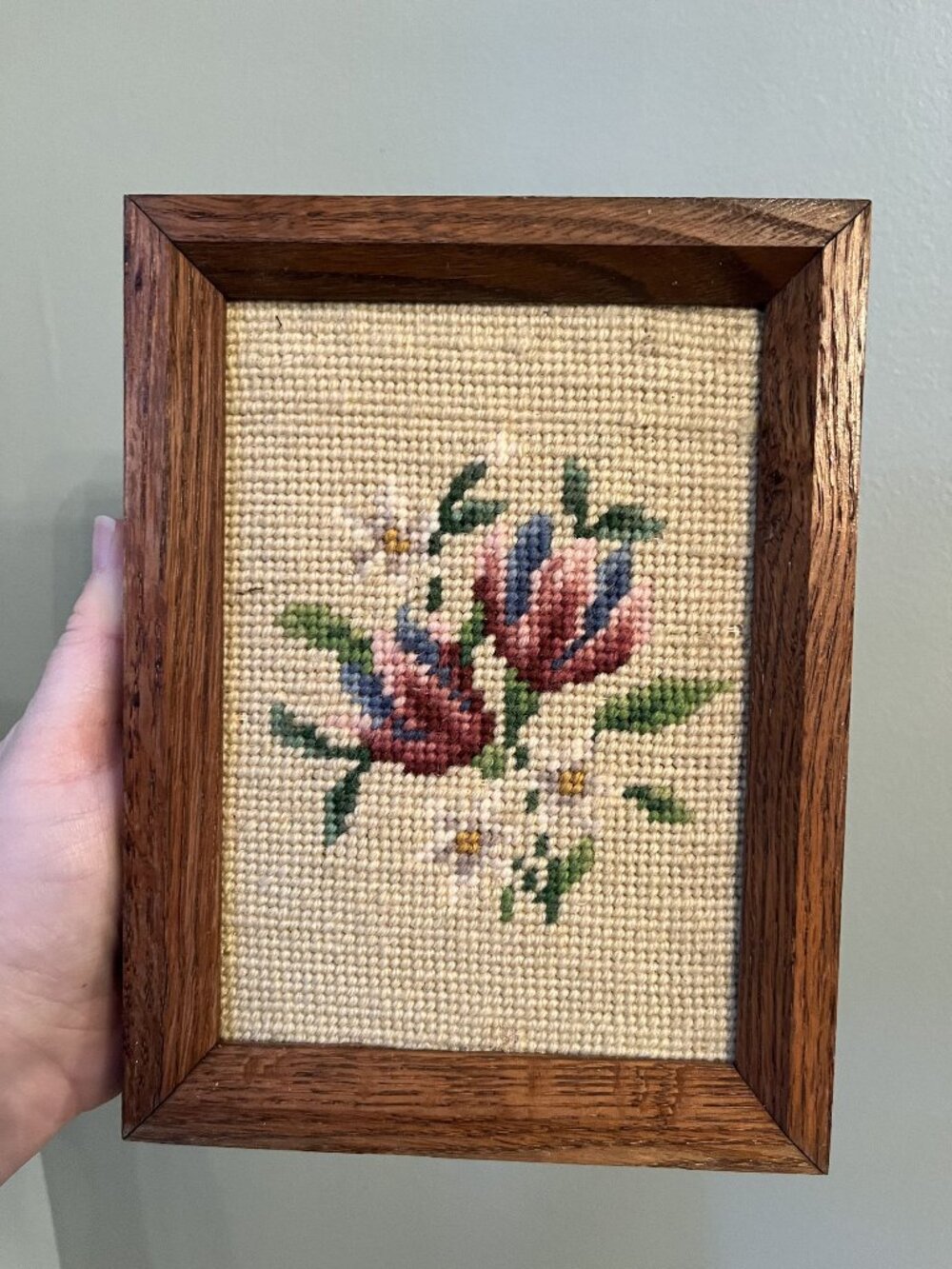 Vintage Framed Floral Needlepoint Art With Wooden Frame